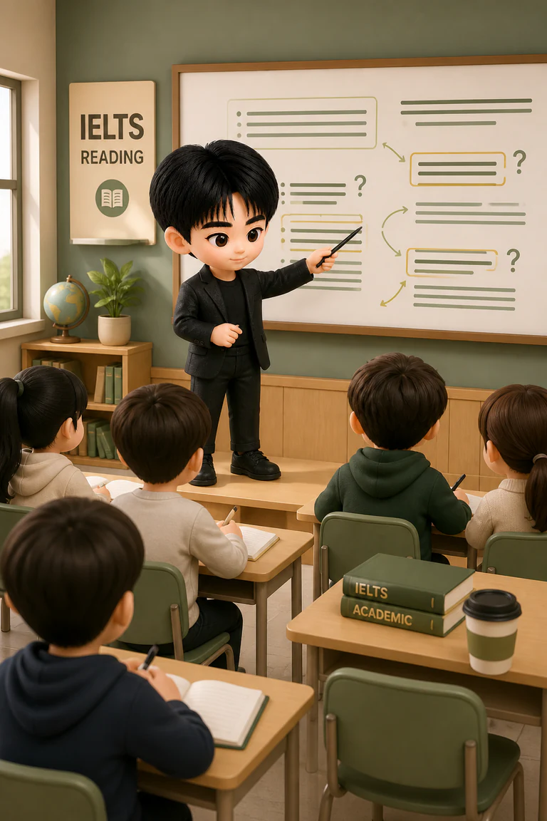 卡通封面：在教室讲授雅思阅读，学生认真听讲